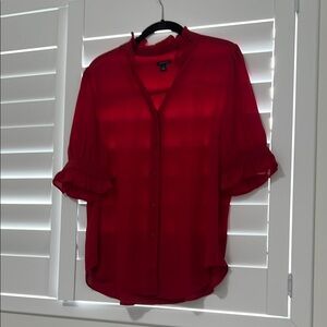 Ann Taylor Red Cuffed Sleeve Blouse with Mandarin Collar